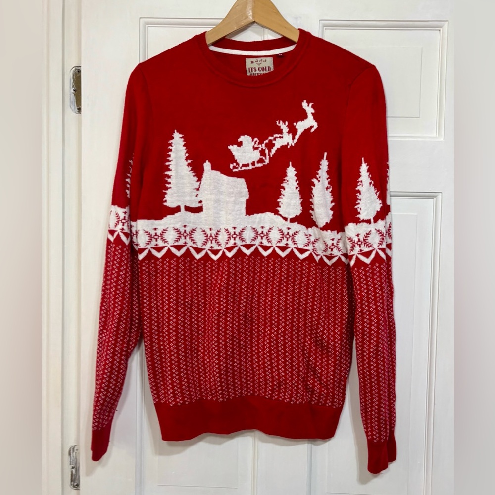 Threadbare Size Medium Red Christmas Sweater Santa Sleigh Cabin Holiday Knit